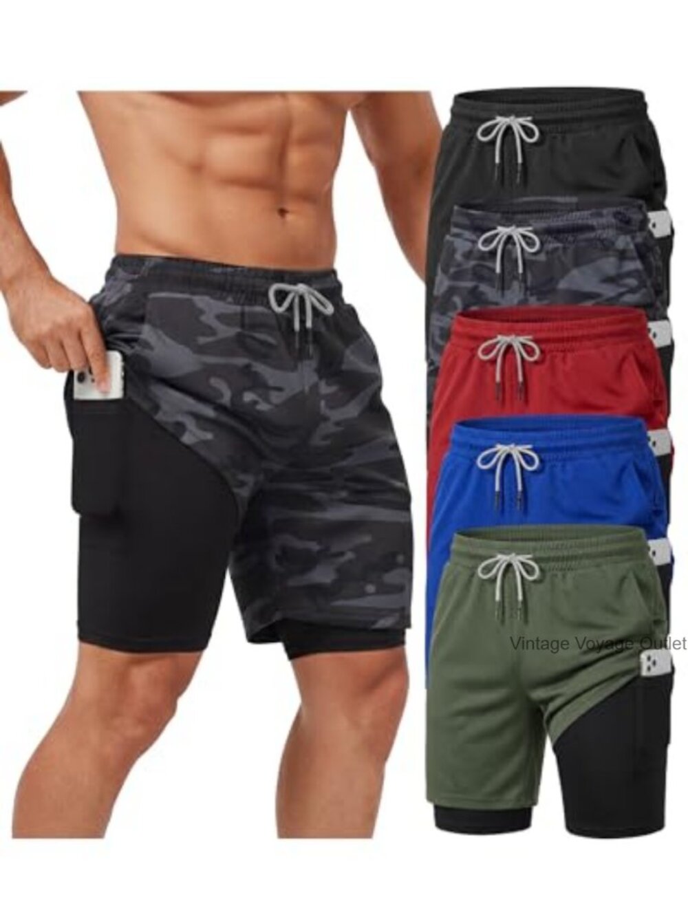 Men's 2 in 1 Gym Workout Running Shorts 5 Pack Quick Dry Athletic
